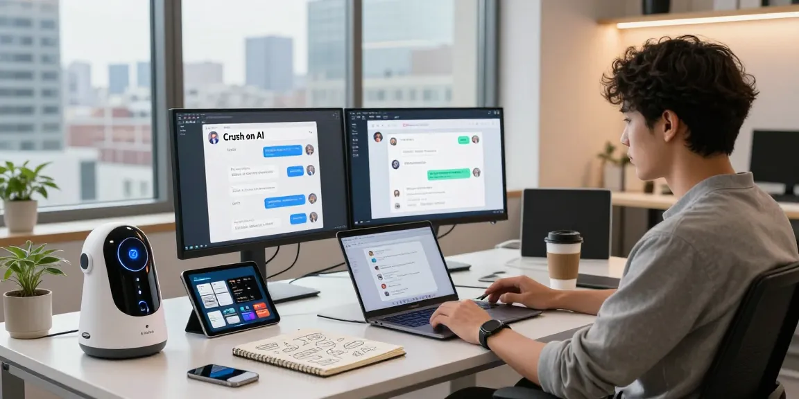 Engaging workspace showcasing a developer using Crush on AI technology with dual monitors and chat interface amidst a modern tech environment.