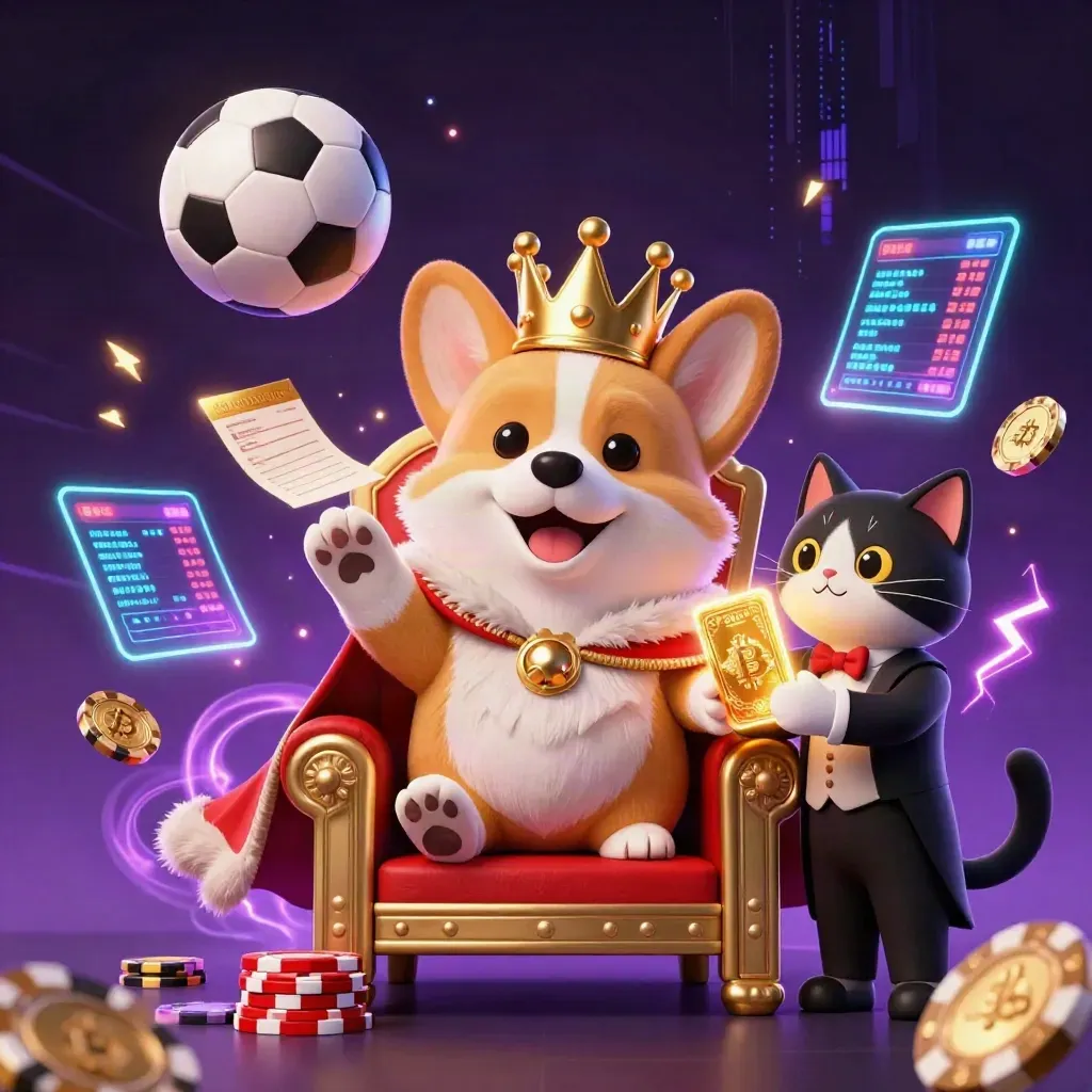 Crowned corgi and cat butler amid frozen sports balls, poker chips, and neon crypto effects.
