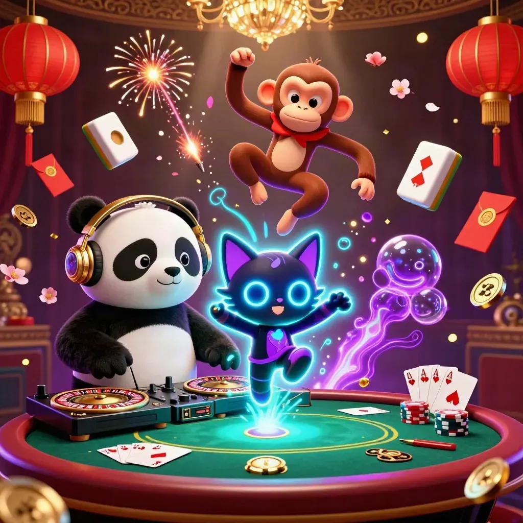 DJ panda, breakdancing monkey, and glow-stick kitten amid casino treasures and neon light