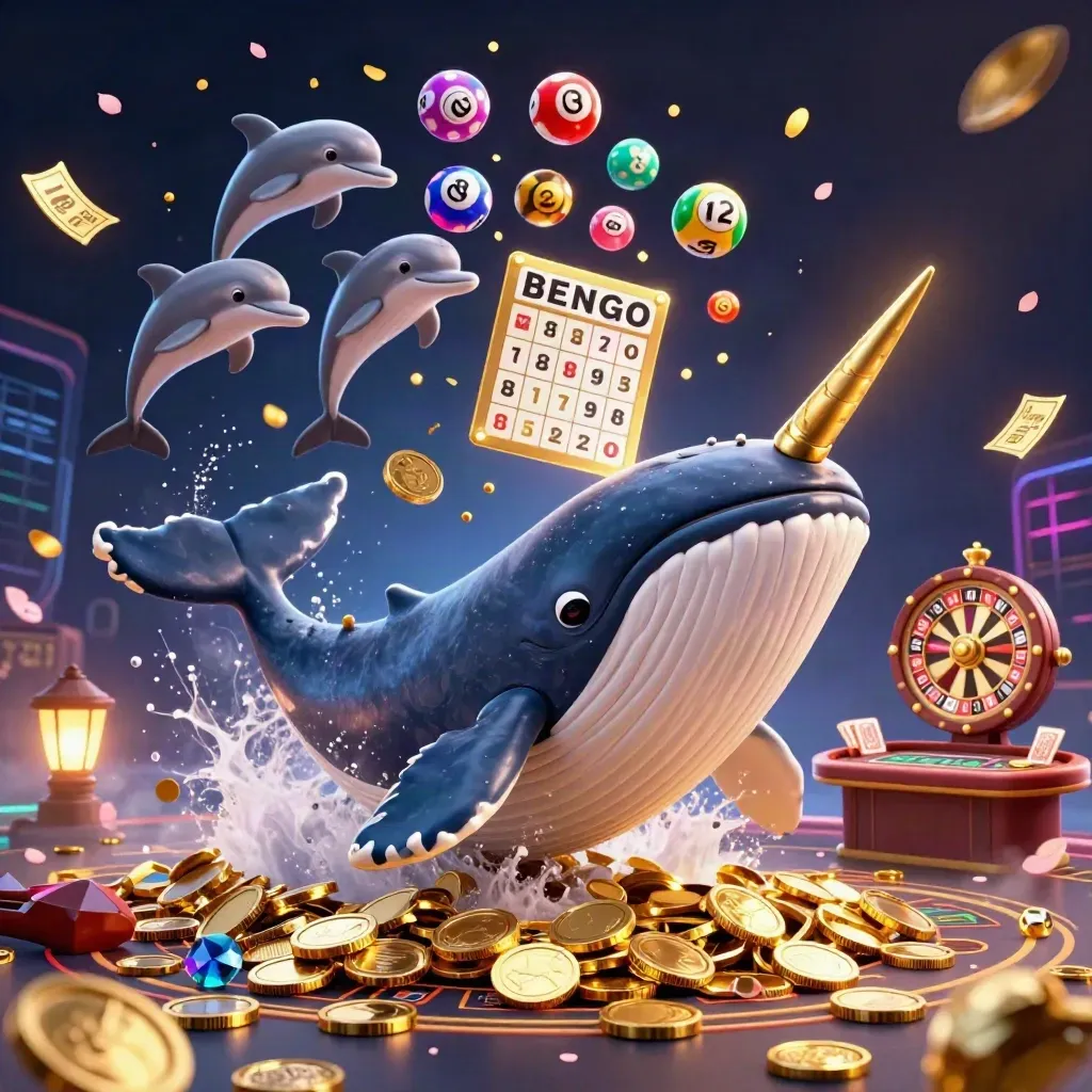 Whale captain, narwhal, and dolphins amid neon casino magic and gold coins.