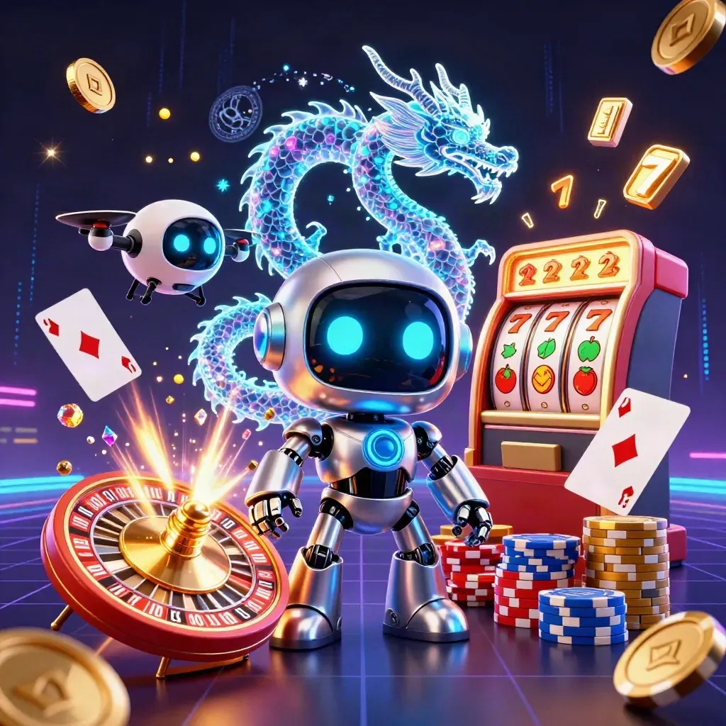 Cyberpunk robot, holographic dragon, and coin drone blasting casino loot in neon light.