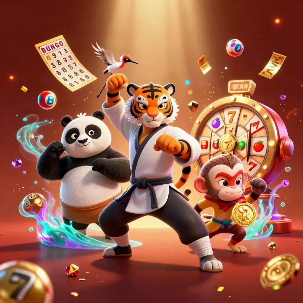 Tiger, panda, and monkey in a neon casino action scene with treasure, balls, wheel, and glowing bubbles.
