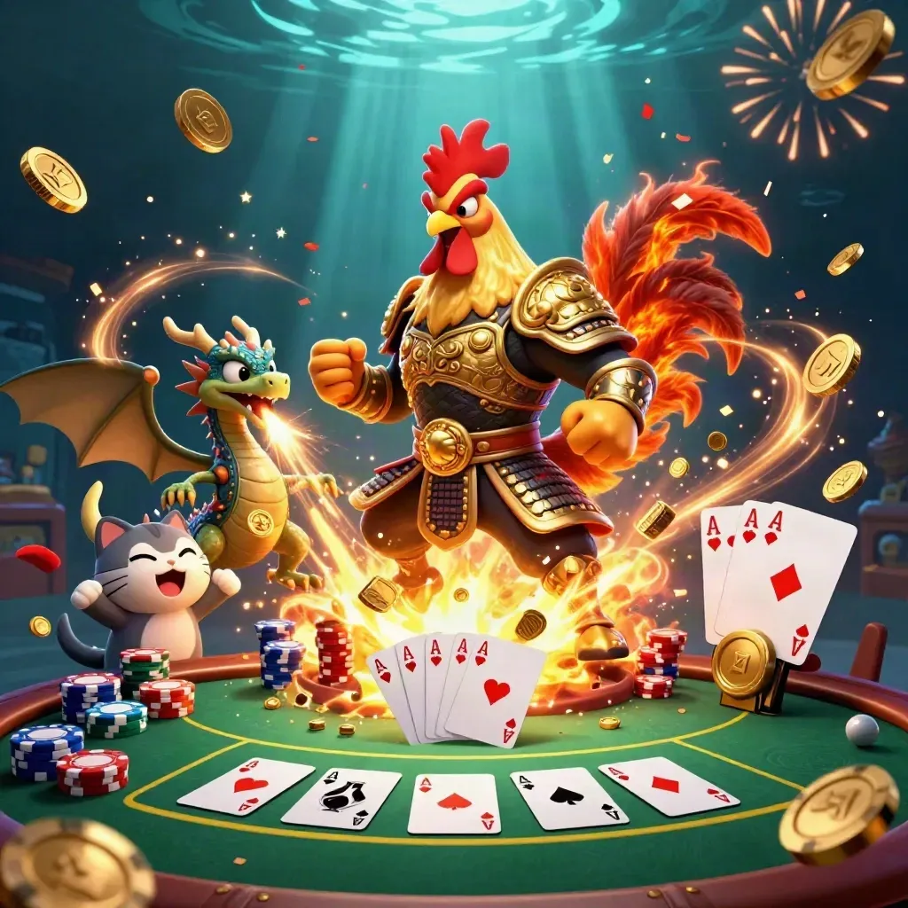 Rooster warrior, dragon hatchling and fortune-cat amid exploding coins and poker chips.