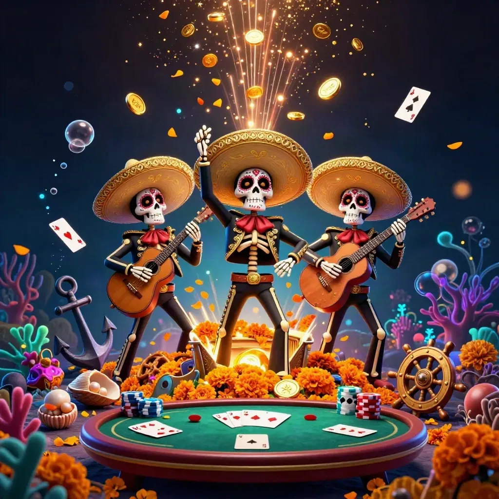 Three skeleton mariachi musicians amid gold coins, treasure, coral, and poker chips in a luxury casino fantasy.