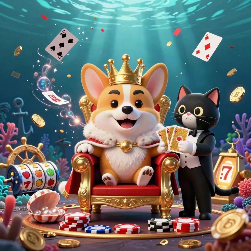 Royal corgi and cat butler amid treasure, cards, coral, coins, reels, and casino magic underwater.