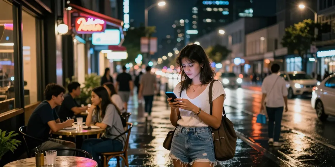 Gái gọi đợi khách ngoài quán cà phê vào ban đêm với ánh đèn neon sáng rực.